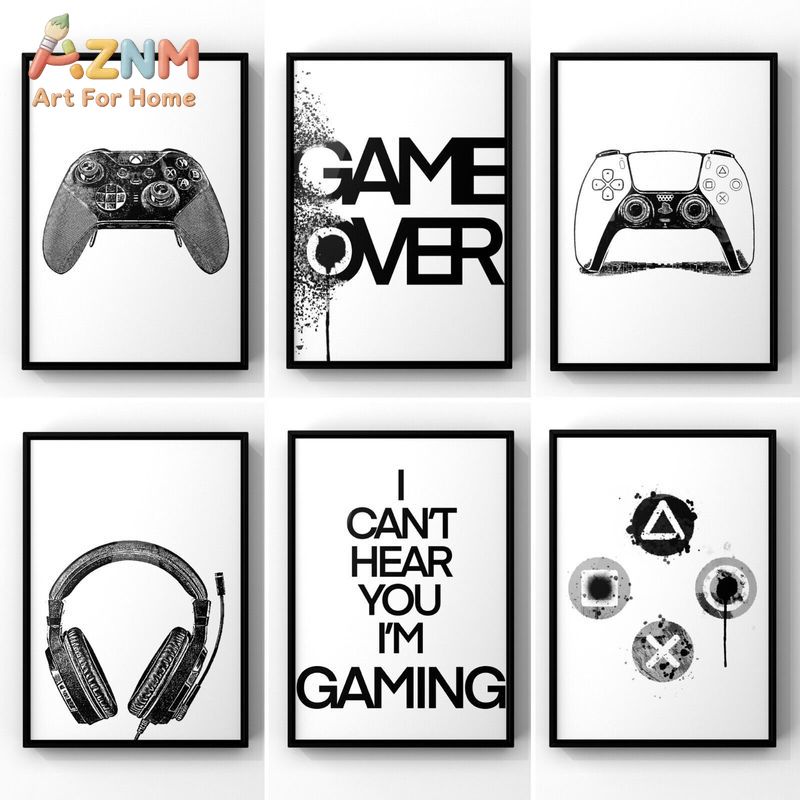 Gaming Controller - AZNM ブラックホワイト ゲーミングキャンバス ウォールアート ゲームコントローラー ヘッドセット